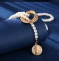 Pearl Necklace trendy long drop loop thru gold ring  Women's  Fashion Jewelry Zabardo